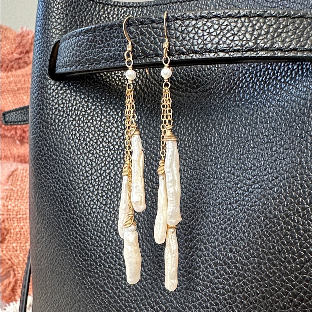 Baroque Freshwater Pearl Cascade Drop Earrings | Gold Tone | Boho Bridal